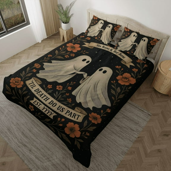 Personalized Gothic Ghost Couple Bedding Set - 'Til Death Do Us Part' Halloween Wedding Bed Set