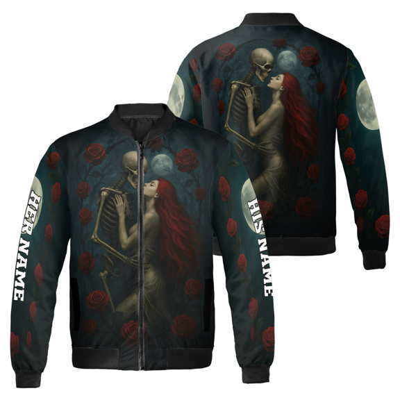 Personalized Gothic Halloween Bomber Jacket - Skeleton Couple Rose Moon Print - Custom His and Her Name Romantic Dark Love Gift