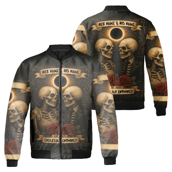Personalized Gothic Skeleton Couple Bomber Jacket – Custom Romantic Dark Love Gift Coat – Endlessly Entwined Jacket