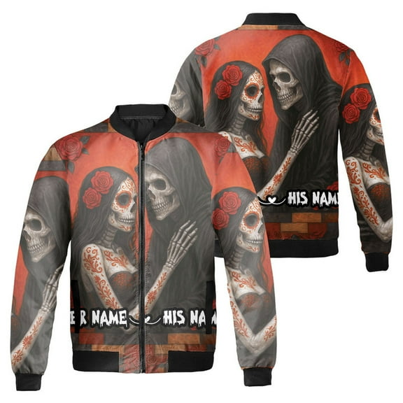 Personalized Gothic Skeleton Couple Bomber Jacket – Till Death Do Us Part Skull Lovers Jacket – Custom His & Her Name Red Rose Jacket – Romantic Gothic Halloween Gift Coat