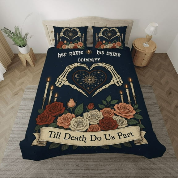 Personalized Gothic Skeleton Hands Bedding Set – Till Death Do Us Part, Custom Name Romantic Skull Couple Bedding Set