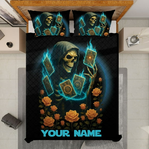 Personalized Gothic Skeleton Tarot Card Quilt Bedding Set – Custom Name Horror Bed Set with Roses, Grim Reaper Dark Fantasy Quilt Bed Set for Gothic Bedroom Decor