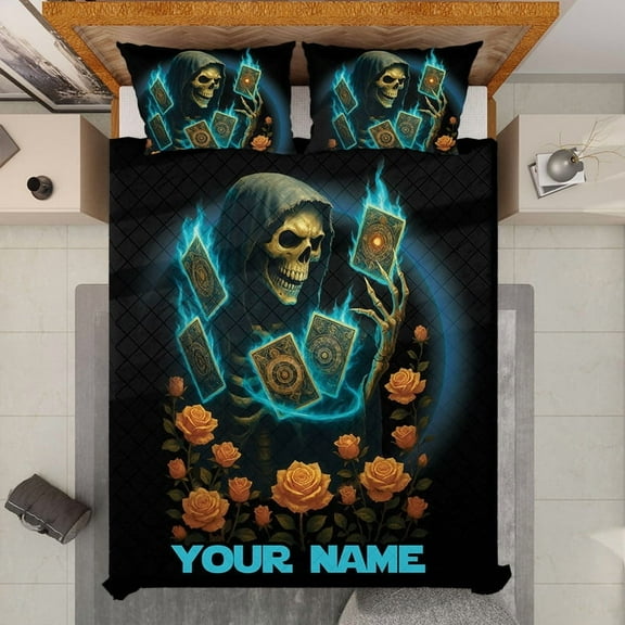 Personalized Gothic Skeleton Tarot Card Quilt Bedding Set – Custom Name Horror Bed Set with Roses, Grim Reaper Dark Fantasy