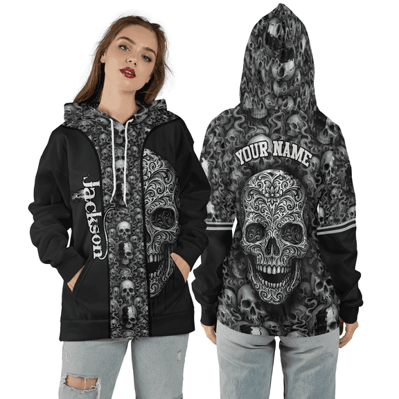 Personalized Gothic Skull 3D Hoodie, Dark Gothic Skull Pattern 3D Hooded Sweatshirt, Horror Scary All Over Print Unisex Hoodie