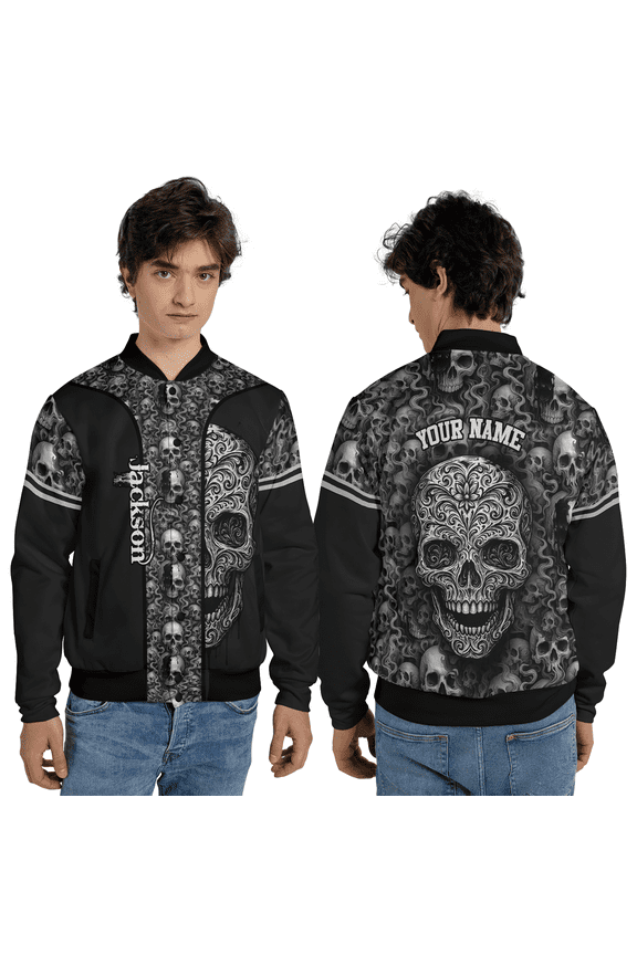 Personalized Gothic Skull Baseball Jacket, Black Edgy Streetwear Baseball Jacket, Custom Name Punk Skeleton Art Outerwear