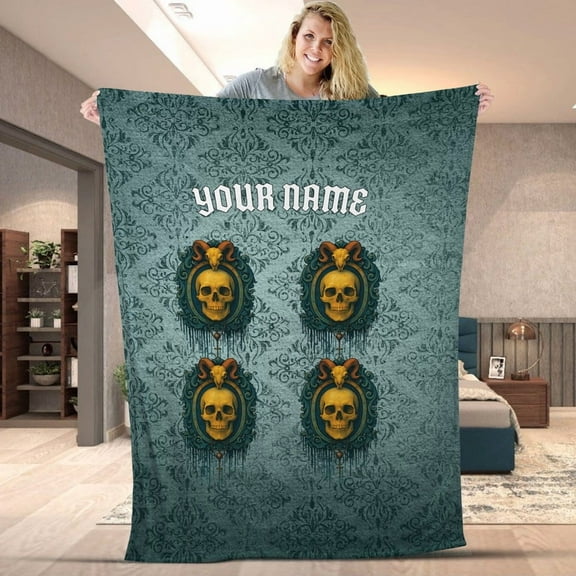 Personalized Gothic Skull Blanket – Custom Name Horror Skull Design Throw - Dark Grunge Skeleton Cozy Fleece & Sherpa Blanket