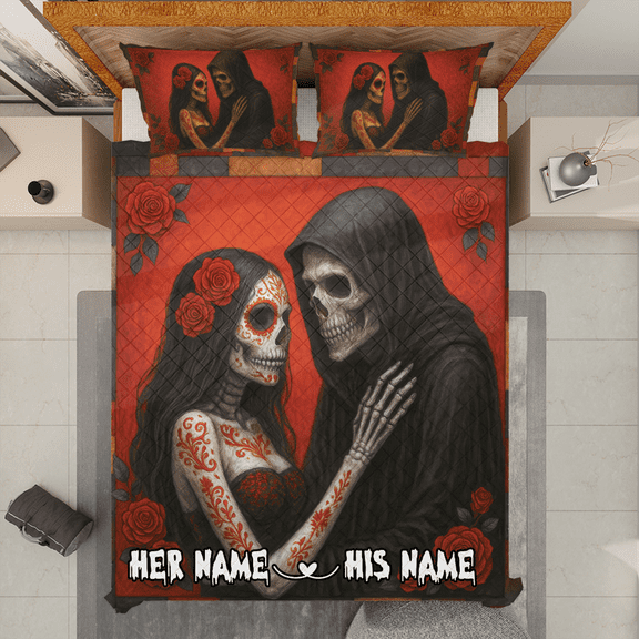 Personalized Gothic Skull Couple Quilt Bedding Set – Red Rose Skeleton Quilt Bed Set