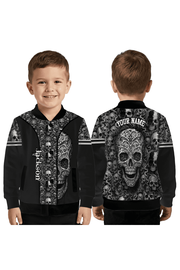 Personalized Gothic Skull Jacket, Black Edgy Streetwear Baseball Jacket, Custom Name Punk Skeleton Art Outerwear