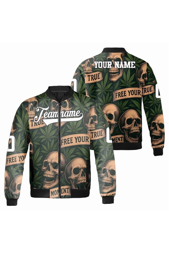 Personalized Gothic Skull With Leaves Pattern Bomber Jacket – Custom Dark Tropical Leaf Print Shirt Outerwear - Edgy Graphic Full Print Zip-Up Jacket