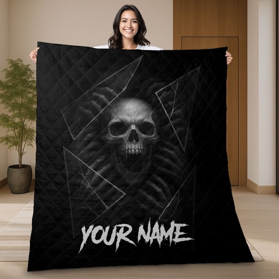 Personalized Gothic Skull with Hands Quilt Blanket – Custom Name Horror Biker Skull Blanket, Dark Horror Quilt Gift for Him