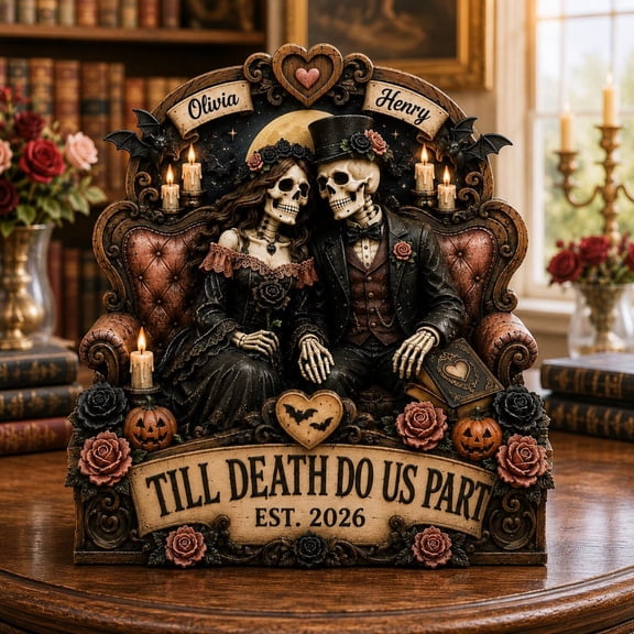 Personalized Gothic Wedding Decor, Skeleton Couple Sign, Till Death Do Us Part, Halloween Wedding Gift, Spooky Couple Anniversary Gift