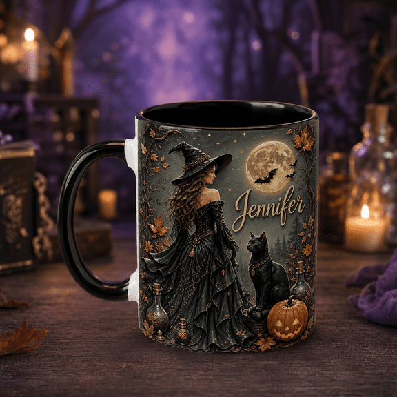 Personalized Gothic Witch Black Cat Pumpkin Ceramic Mug Gift 11oz 15oz