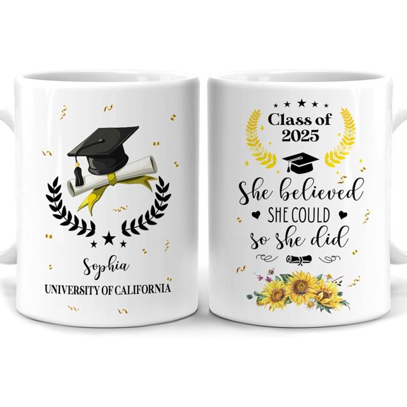Personalized Graduation 2025 Mug Gift For Her - She Believed She Could So She Did -Custom Name Ceramic Coffee Cup 11oz, Gift for graduated student, Daughter, Friends, Senior, Back To School