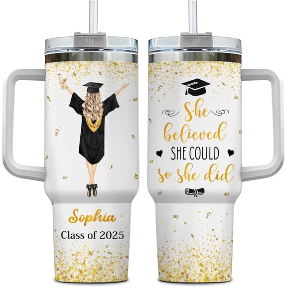 Personalized Graduation 2025 Tumbler 40 Oz with Handle and Straw - She Believe So She Could - Stainless Steel Travel Cup - Graduation Gifts For Her, Class Of 2025 - College Graduate Gifts