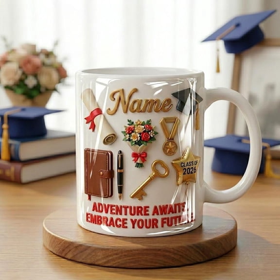Personalized Graduation 2026 Mug, Faux 3D Effect, Ceramic Coffee Cup