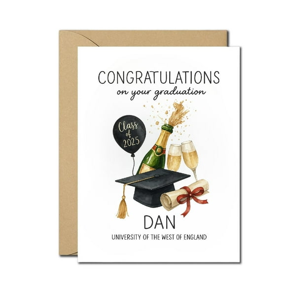 Personalized Graduation Card Class of 2025 Champagne Celebration Custom Name & University Graduation Congratulations Card with Envelope