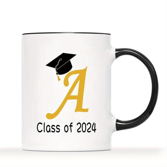 Personalized Graduation Coffee Mug with Cap Monogram Letter M Class of 2024 11oz Ceramic Cup Washable Birthdays Graduation Gifts Durable Reusable Everyday Use