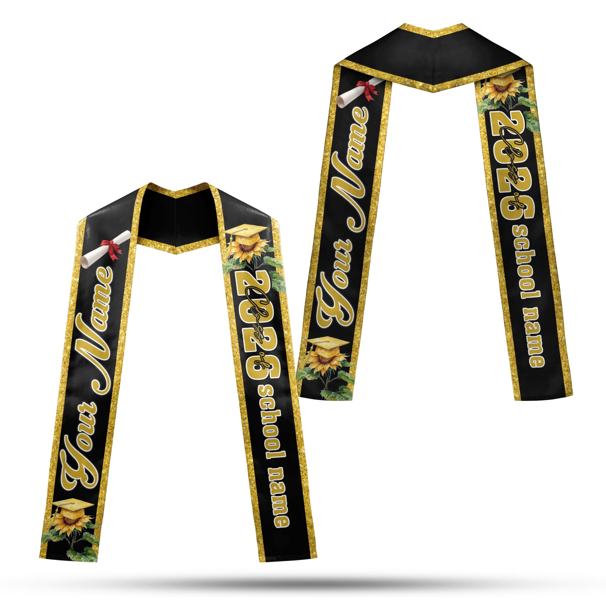 Personalized Graduation Stole Sash, Black Gold Glitter Sunflower Grad ...