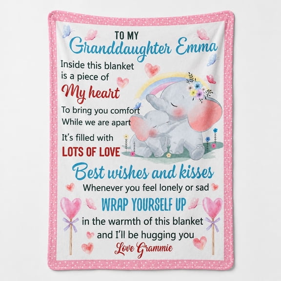 Personalized Granddaughter Fleece Blanket, Custom Name Text Elephant 3D Print Throw, Soft Polyester 280gsm, 30x40 40x50 50x60 60x80