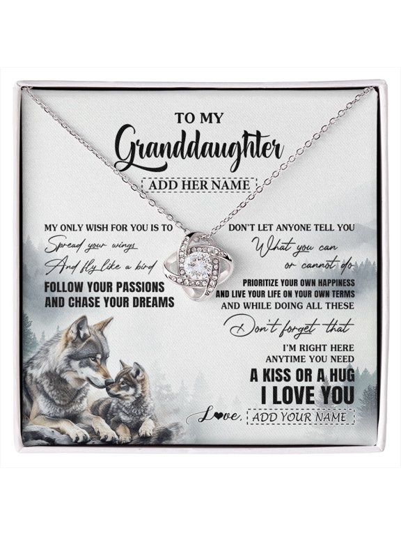 Personalized To My Granddaughter Gifts Necklace From Grandma Wolf My Only Wish For You Granddaughter Birthday Gifts Graduation Christmas Gift Box Message Card, White Love Knot Necklace