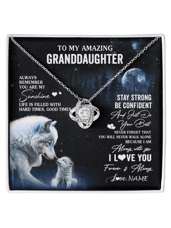 Personalized To My Granddaughter From Grandma Grandpa Necklace Moon Wolf Granddaughter Birthday Gifts Jewelry Christmas Customized Gift Box Message Card, White Love Knot Necklace