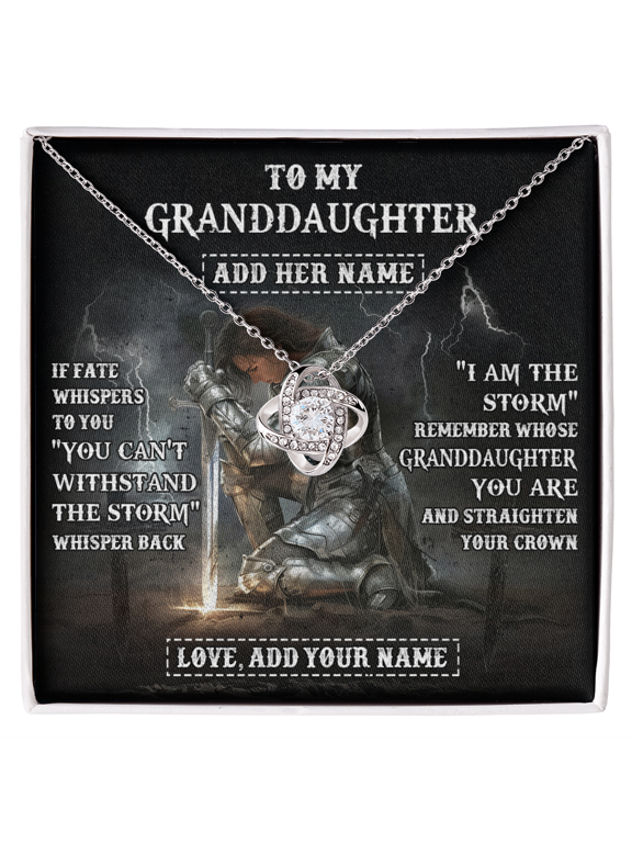 Personalized To My Granddaughter Necklace Women Warrior Knights Templar I Am The Storm Best Granddaughter Birthday Gifts Christmas Gift Box Message Card, White Love Knot Necklace