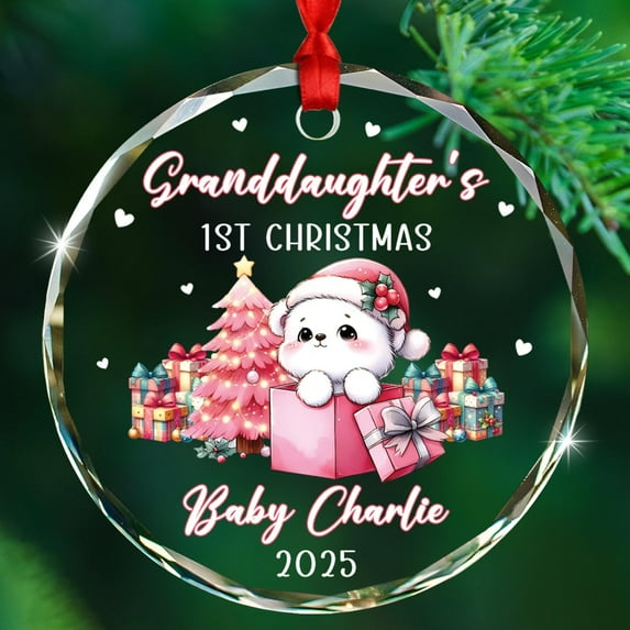 Personalized Granddaughter's 1st Christmas Glass Ornament Gift from Grandpa Grandma, Polar Granddaughter's First Xmas Ornament 2025, Custom Date & Name New Granddaughters Ornaments Gift for Baby Girl
