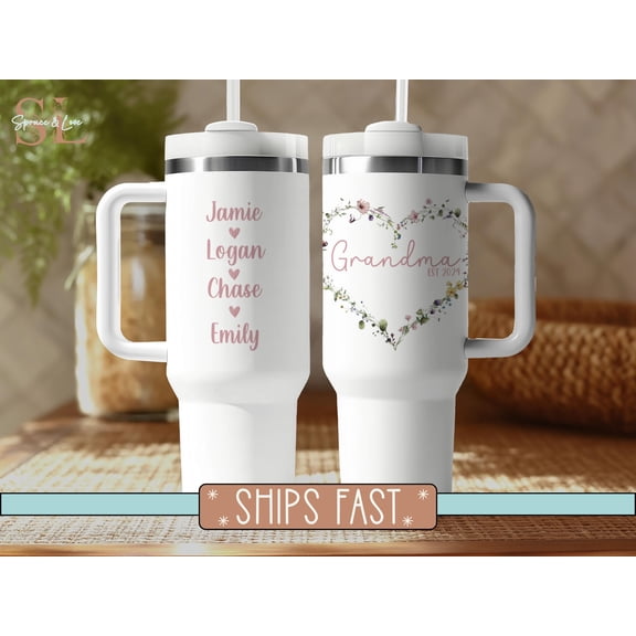 Personalized Grandma 40oz Stainless Steel Insulated Tumbler with Handle, Printed Grandkids Names Travel Mug, Mother’s Day Gift for Grandma