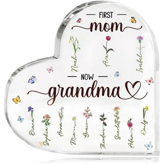Personalized Grandma GiftsUnique Birthday Gifts For Mom First Mom Now Grandma Customized Birth Month Flower Acrylic PlaqueMothers Day Gifts for Mom from Daughter, Son, Kids
