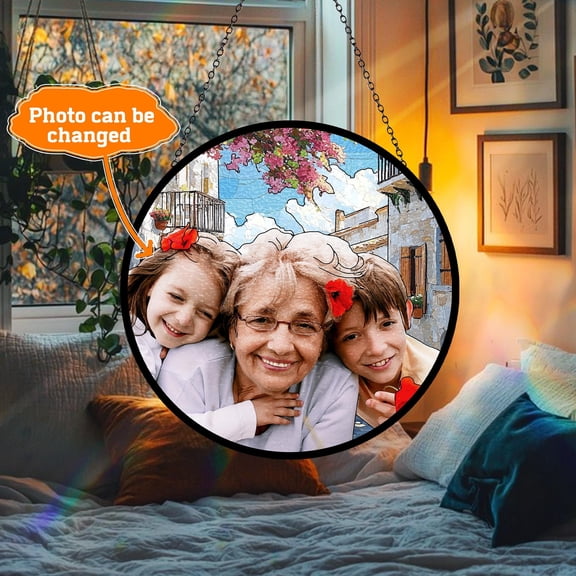 Personalized Grandma & Grandkids Portrait Suncatcher - Custom Family Photo Window Art - Sentimental Nana Gift