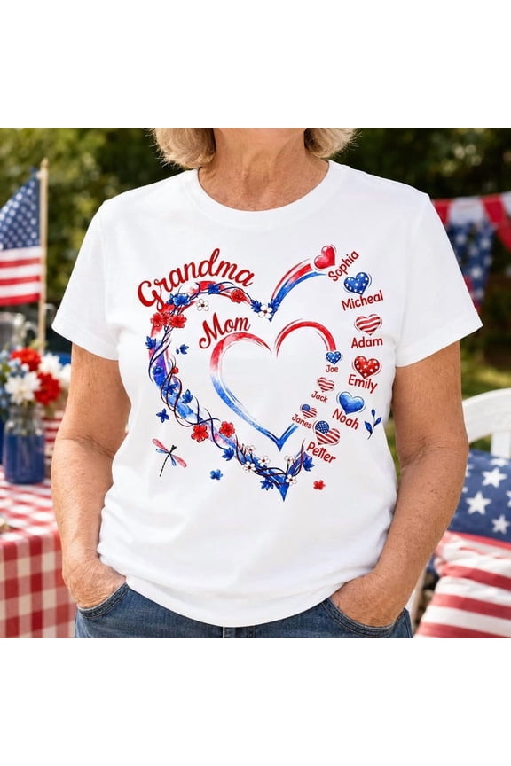 Personalized Grandma Mom Shirt, Patriotic Family Name Tee, Custom Heart Floral 4th Of July Gift