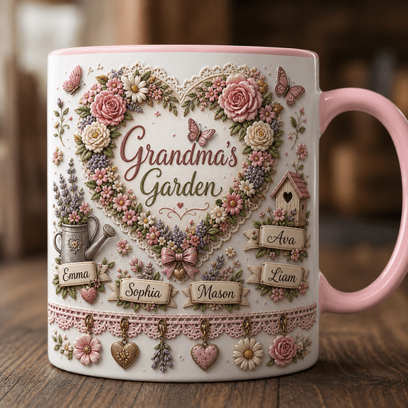 Personalized Grandma Ceramic Coffee Mugs Floral Heart with Names Gift for Grandmother 11 oz 15 oz