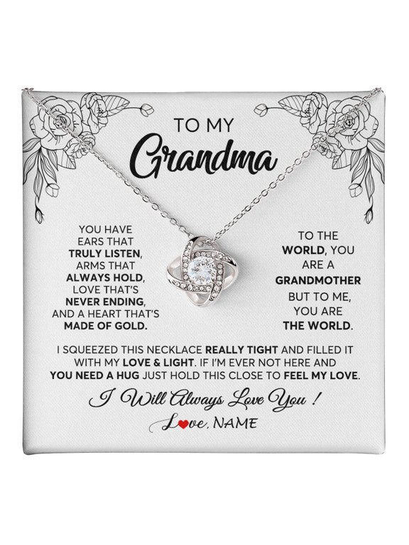 Personalized To My Grandma Necklace From Grandkids Granddaughter Hold This Close Feel My Love Grandma Birthday Mothers Day Customized Gift Box Message Card, White Love Knot Necklace