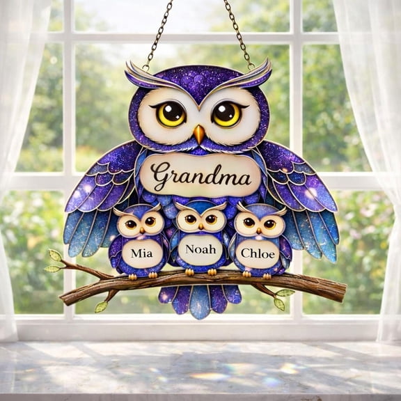 Personalized Grandma Owl Family Suncatcher Acrylic Custom Name Window Hanging Bird Decor