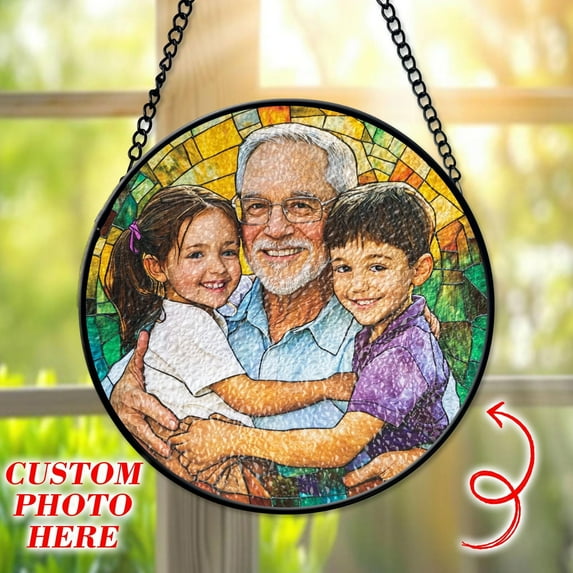 Personalized Grandpa And Kids Portrait Faux Stained Glass, Custom Portrait From Photo Suncatcher, Father's Day Gift For Daddy, Birthday Dad