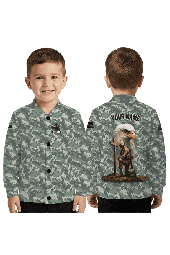 Personalized Gray Camo Veteran Jacket, Eagle & Cross Honor Military Tribute Baseball Jacket, Custom Name Memorial Veteran Outerwear
