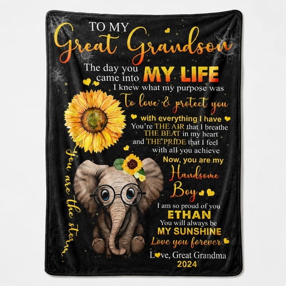 Personalized Great Grandson Fleece Blanket, Custom Name Date Text Throw, 280gsm Polyester Fleece, Sunflower Elephant Gift