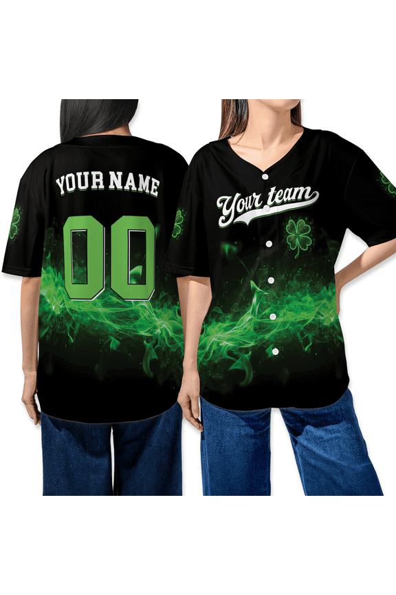Personalized Green Clover Baseball Jersey – Custom Name & Number Team Lucky Shamrock Shirt – Unisex Green Flame Sports Jersey