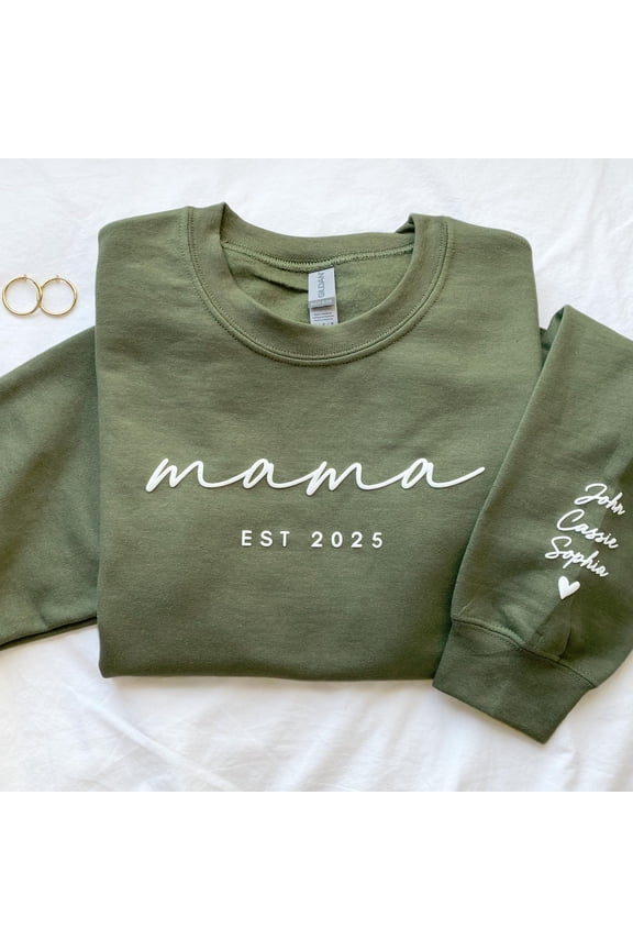 Personalized Green Mama Est 2025 Crewneck Sweatshirt, Custom Names on Sleeve, New Mom Mothers Day Birthday Gift