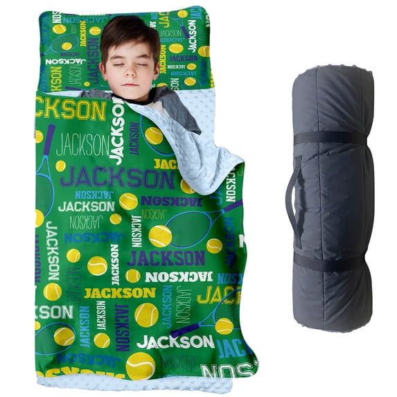 Personalized Green Tennis Toddler Nap Mat for Daycare Cot Bedding, Custom Baby Name Sleeping Bag for Kids Children Boy, Portable Nap Mats with Pillow Blanket for Preschool, Kindergarten, Camping