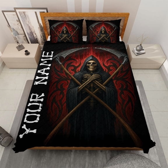 Personalized Grim Reaper Quilt Bedding Set – Custom Name Skull Gothic Death Reaper Quilt Blanket & Pillowcases – Dark Horror Quilt Set