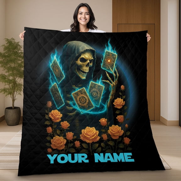 Personalized Grim Reaper Tarot Quilt Blanket – Custom Name Skeleton with Magic Cards and Yellow Roses Quilt – Gothic Fantasy Blanket