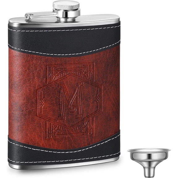 Personalized Groomsmen Flask 8 oz Stainless Steel Monogram Hip Flask for Men Leather Birthday Gift for Dad Grandpa Wedding(Letter M)