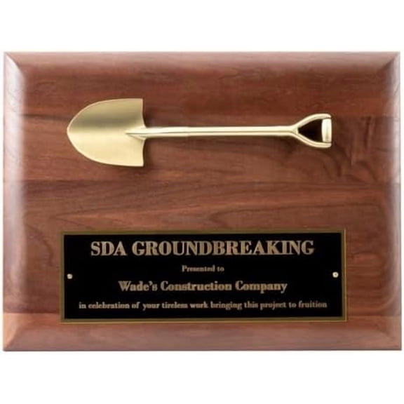 Personalized Groundbreaking Shovel Plaque 9x12 Solid American Walnut Award with Gold Shovel Die Cast Mount and Custom Engraved Brass Plate$$Office