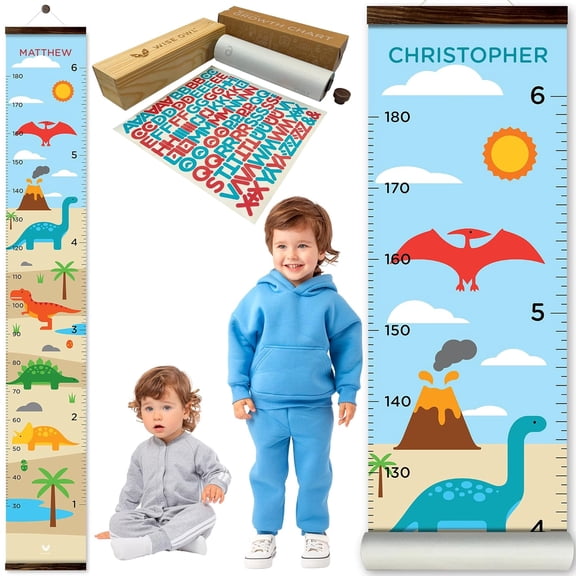 Personalized Growth Chart for Kids - Height Wall Chart for Boys with Peel & Stick Letters for Name - Hanging Canvas Wall Measurement Height Tracker for Baby Gift (Dinosaurs)