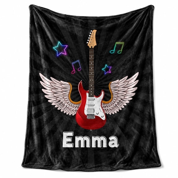 Personalized Guitar Fleece Blanket, Custom Name Music Throw Blanket, 280gsm Polyester Fleece, Black Rock Music Design, 30x40 to 60x80