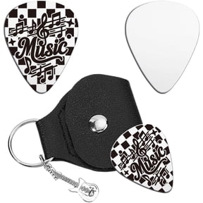 Personalized Guitar Picks Checkerboard Bass Picks Musical Note Guitars Pick Keychain Holder Plectrums Accessories with Black PU Leather Guitars Pick Gifts for Anniversary Musician