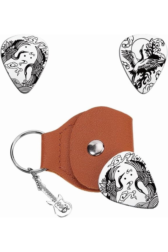 Personalized Guitar Picks Gifts Guitars Pick Keychain Double-side Engraved Crane Stainless Steel Guitar Pick with PU Leather Case Plectrum Guitars Set for Player Musician Lover Silver