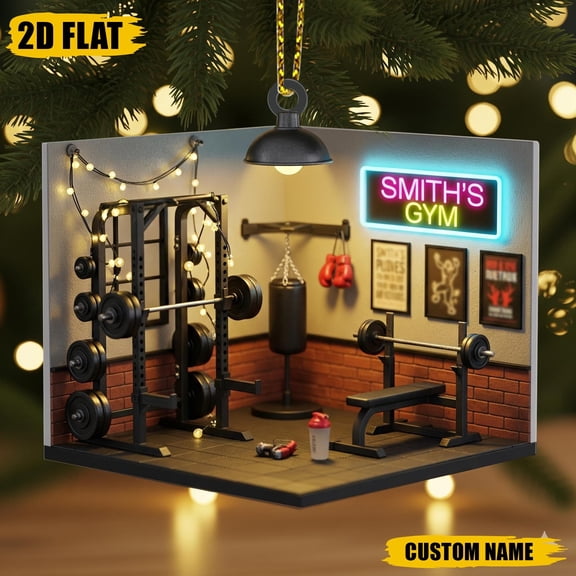 Personalized Gym Ornament , Custom Name 2D Flat Acrylic Weightlifting & Boxing Scene, Holiday Tree Gift for Fitness Lovers, Gym Rats