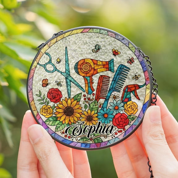 Personalized Hair Stylist Suncatcher, Custom Salon Decor Gift for Hairstylist, Barber Stained Glass Window Hanging, Floral Beauty Studio